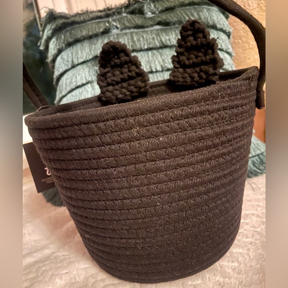 NEW Halloween Black Cat Trick or Treat Bag Bucket Woven Fabric & Crochet Ears - Picture 3 of 8